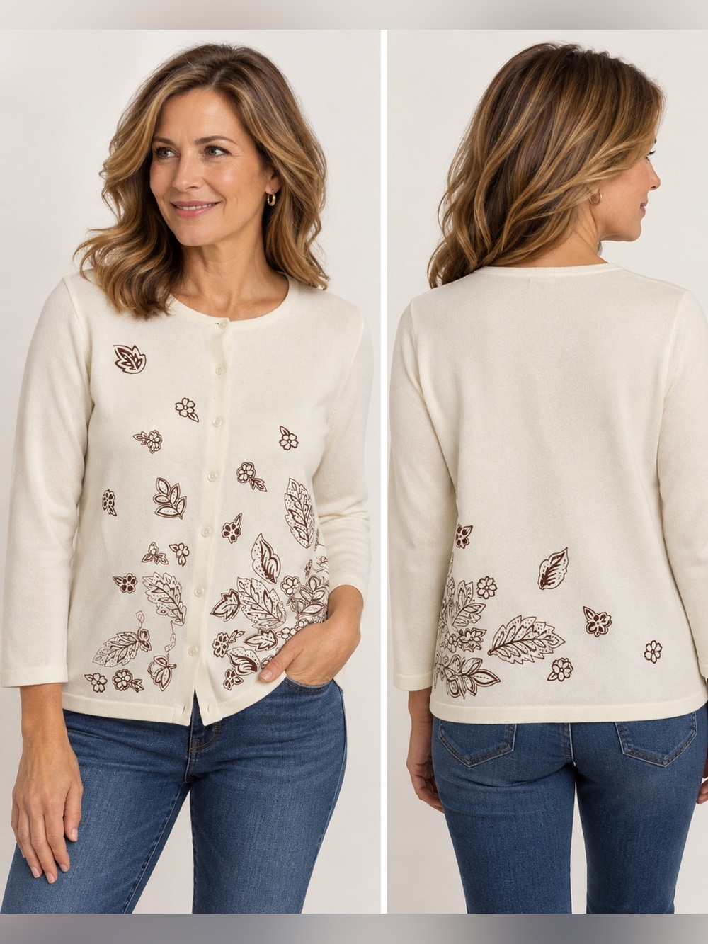 Pendleton Floral Cardigan Sweater Large Cream Brown Botanical Vintage Style
